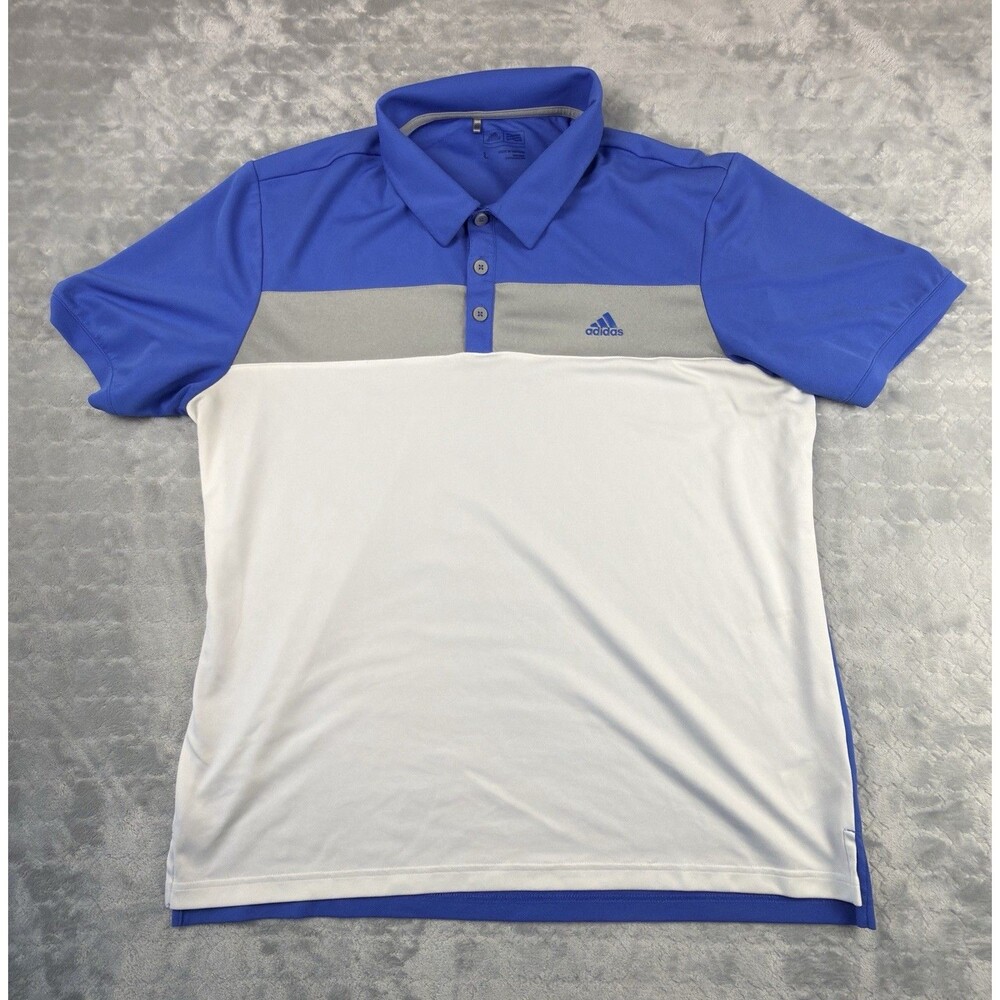 adidas Men’s L Polo Shirt Blue White Gray Colorblock Short Sleeve Logo CG2260